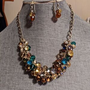 Vintage thousands of large colored crystals statement necklace & earrings